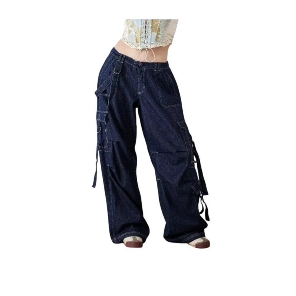 BDG‎ Strappy Balloon Cargo Jeans Blue Dark Wash Denim Mid-Rise Metal Buckle 26